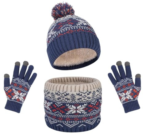 Conjunto de Gorro Bufanda y Guantes Niños 3 Pcs Niños Invierno Cálido Beanie Gorro Bufanda Guantes Set Caliente de punto engrosada Gorro Pantalla Táctil para Niño Niña de 5 a 10 Años