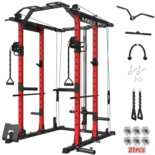 Mikolo Power Cage, Power Rack with Cable Crossover System, 1500LBS Squat Rack with LAT Pull Down System, Workout Cage with Pulley System for Fitness Home Gym-Red