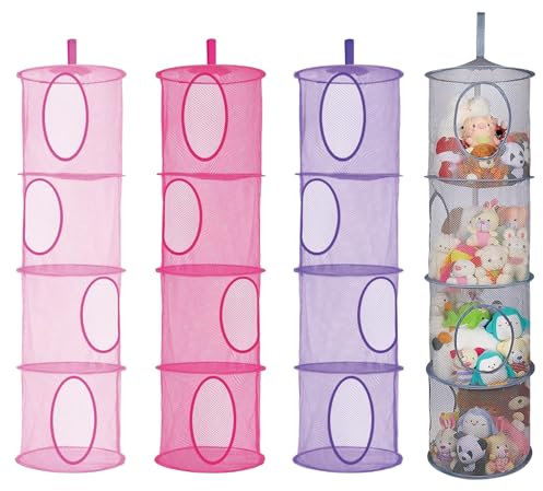 Eidoct Hanging Net 4 Tier Mesh Storage Box, 4 Pcs Foldable Soft Toy Clothes Storage, Space Saving, Multi-Purpose (Pink, Rose, Purple, Gray, 110*30cm)