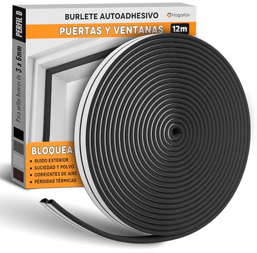 HOGARLAX 12M - Burlete Puerta Entrada, Burlete Ventana, Junta de Goma Adhesiva, Aislante Térmico Ventanas y Puertas, Aislante Acústico - Tira de Sellado Autoadhesivo para Huecos de 3 a 6 mm (Negro)