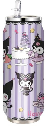 HOOKTA Kuromi Botella de agua de acero inoxidable de 500 ml, plegable, de acero inoxidable, con pajita, taza reutilizable para bebidas para viajes, deportes (rayas moradas)