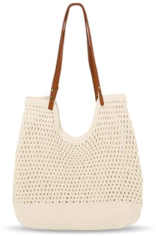 Auliuse Crochet Tote Bag for Women, Large Capacity Woven Mesh Beach Bags, Retro Hollow Handmade Knit Handbags, Boho Casual Shoulder Bag for Vacation Holiday Daily Work