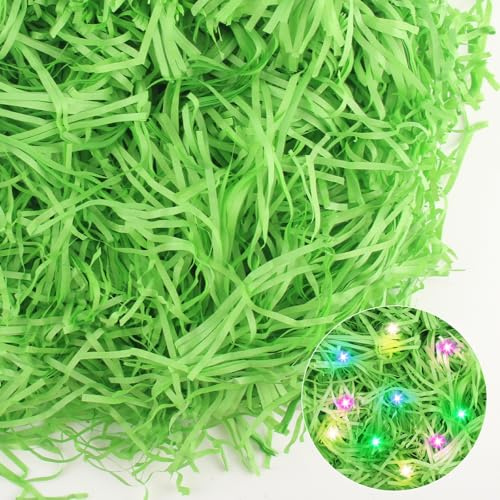 GZGXKJ Paglia per Cesti 300g Erba di Pasqua Materiale di Riempimento Erba Pasquale Verde con Fili Luminosi a LED Carta Regalo Pasquale per Realizzare Tovagliette Decorazione Pasquale