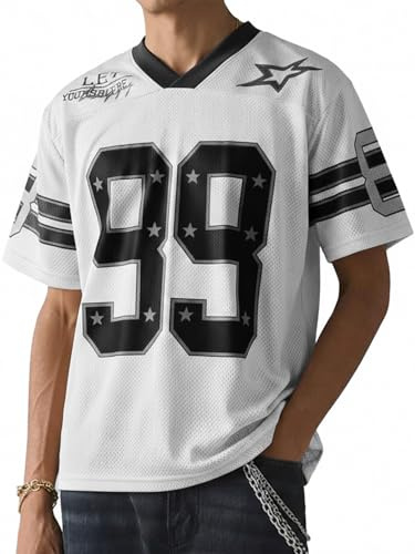HAWILAND V Ausschnitt T Shirt Herren Oversized Football Trikot Kurzarm Sportshirt Herren Streetwear Y2K Hip Hop Outfit Weiß XL