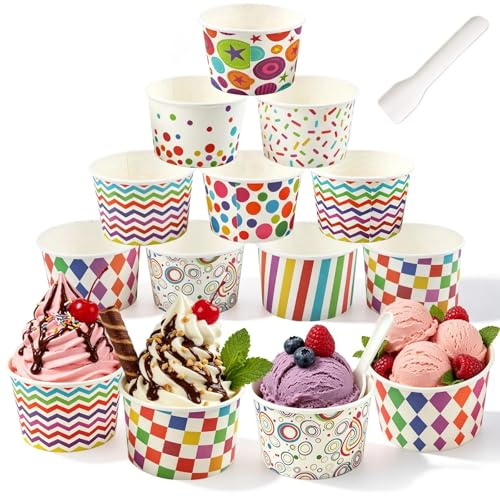 XIMEY Eisbecher Pappe 100 Stück 180ml Papierbecher Eis, Eisbecher Papier mit Löffel, Dessertbecher Pappe, Eisschalen, Einweg-Papier Kuchenbecher für eiscreme, Desserts, Joghurt (E)