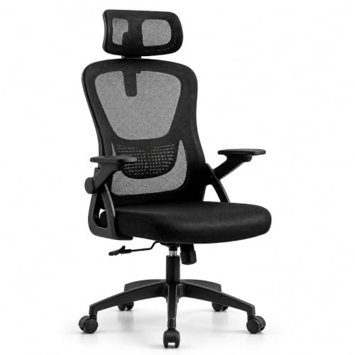 Silla de Oficina Ergonómica con Respaldo de Malla Transpirable, Soporte Lumbar y Altura Ajustable, Silla Escritorio Giratoria con Ruedas 360° (Cabecera y Brazos abatibles Negro)