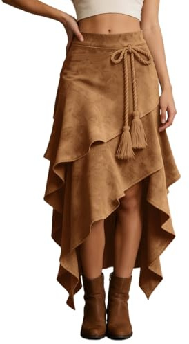 Jupe asymétrique western à franges avec ceinture à nouer en corde, style bohème, longueur mi-longue, taille élastique confortable pour femme, parfaite pour festivals et sorties décontractées