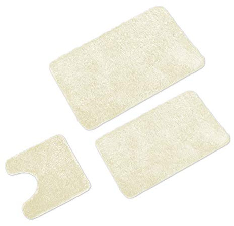WohnDirect Badematten Set 3tlg - 3X Badvorleger (45x45 + 50x80 + 60x100cm) - Badteppich rutschfest & Waschbar - MIT WC Ausschnitt - Creme
