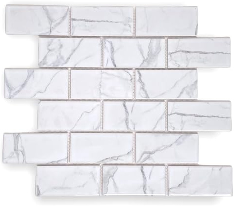 Tenedos TDPW-SWBR-414 Subway 2x4 Brick Pattern Statuario White Glossy Porcelain Mosaic Tile for Wall, Floor and Backsplash, Pool, Bathroom, Shower, Floor and Wall (5 Sheets)