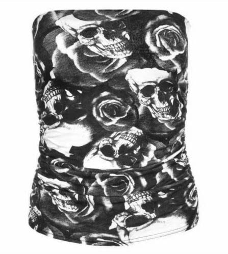 New Womens Ladies Vest Strapless Ruched Sleeveless Boob Tube Bandeau Top 8-26 (as8, Numeric, Numeric_8, Numeric_22, Regular, Regular, Rose Skull, S-M)