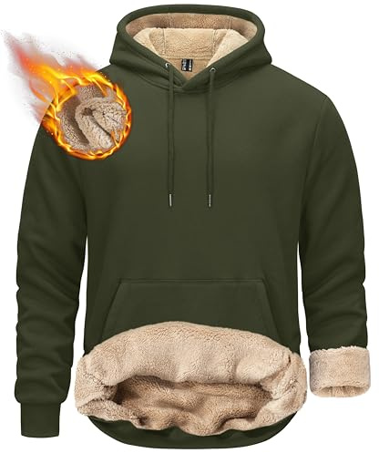 KEFITEVD Hoody Men's Hooded Winter Sherpa Thermal Pullover Long Sleeve Sporty Hoodie Windproof Sweat Jacket with Large Pockets,Army Green,XL