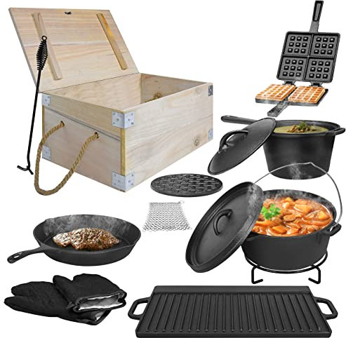 YRHome 11-teilig Dutch Oven Set in Holzkiste Inkl.Dutch Oven Topf, Holzkiste, Saucentopf, Grillplatte, Stieltopf, Deckelheber, Topfständer, Waffeleisen, Gusseisen Stapelrost mit Deckel