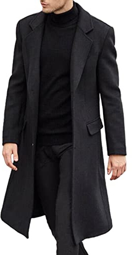 ECDAHICC - Abrigo de lana para hombre, informal, entallado, largo, cuello con muesca, abrigo con solo una fila de botones, abrigo de invierno cálido, Negro , S