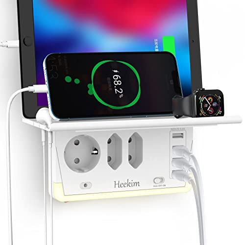 Enchufe múltiple, 9 en 1 Enchufe USB Multiple con 3 Enchufes Schuko 4 Puertos USB, con Luz Nocturna y Soporte, Cargador Compatible con Phone, Pad para Hogar Oficina