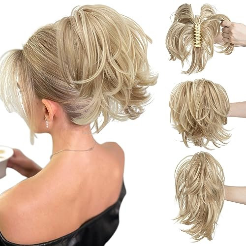 CJL HAIR Claw Clip Short Ponytail Hair Extensions DIY Bendable Metals Messy Bun Hair Piece for Wonen Straight Synthetic Fake Hairpieces Dirty Blonde