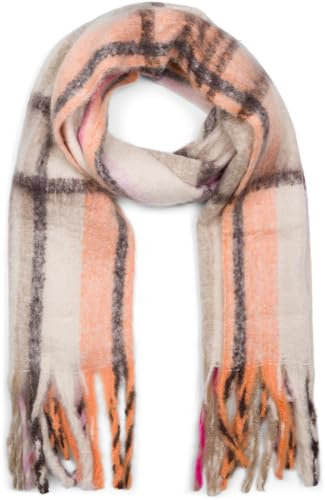 styleBREAKER Damen Web Strickschal mit Streifen Muster und langen dicken Fransen, warmer Winter Schal mehrfarbig 01017157, Farbe:Taupe-Orange-Pink