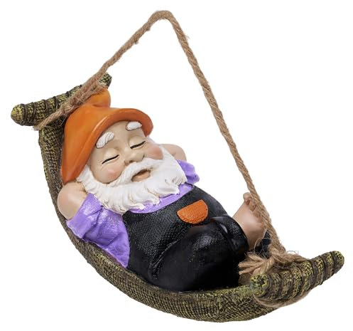 TERESA'S COLLECTIONS Gartenzwerge Gartendeko für Draußen 18cm Liegender Zwerg Gartenfigur aus Hängematte Kunstharz Wasserdicht Gartenwichtel Figur Schwarze GNOME Gartendeko