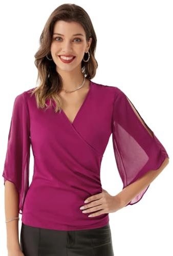 Tops de Gasa para Mujer, Sobrepelliz de Manga con Abertura de Poncho 3/4, Camisas con Cuello en V, Blusas Elegantes para Mujer, Blusa sólida con Cuello en V para Mujer, Blusas versátiles de Gasa Sue