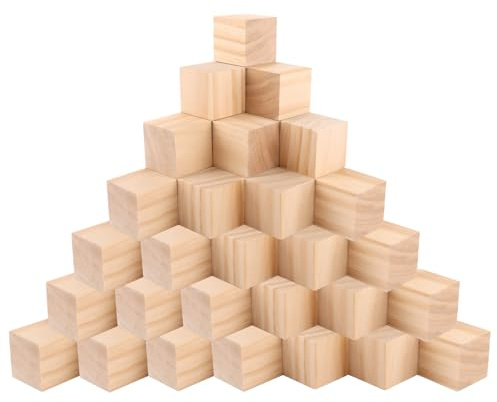 APACALI 30 cubos de madera 50 x 50 x 50 mm, dados de madera natural en blanco, bloques de madera para manualidades, dados cuadrados de madera sin tratar para manualidades, sellos, matemáticas, bloques