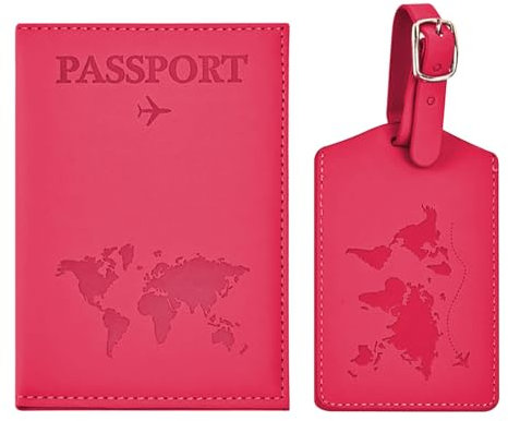 Greyoe Reisepasshülle, Reisepass Organizer, Passport Cover, PU-Leder Reisepass Hülle + Kofferanhänger, für Damen und Herren Urlaub Zubehör Travel Essentials (Rosenrot)