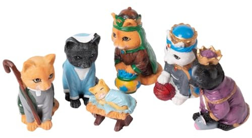 CAKEEYUM Set di presepe di gatti 6 pezzi Simulazione Scena della natività di gatti Divertente ornamento di Halloween Scena della natività Scultura in resina Animali per decorazione da colle