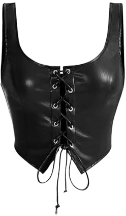 GORGLITTER Women's PU Leather Lace Up Scoop Neck Crop Tank Top Asymmetrical Grunge Punk Waistcoat Black Large