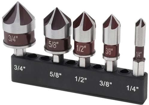 5PCS Countersink Drill Bit Set, Premium HSS Countersink Drill Bit with 82-Degree, 5 Flutes 1/4 Inch Quick-Change Hex Shank, 1/4 Inch to 3/4 Inch Size, Counter Sink Drill Bits for Wood, Metal, Plastic