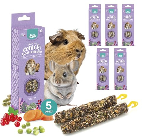 Best Friend - Snack Naturali Cotti al Forno per Conigli, Cavie e Cincillà. Gustosi stick e ricchi di vitamine con legno di betulla per denti sani | Ribes e Erba, 5 Pack x 115 g