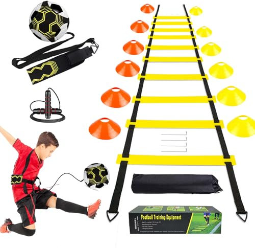 Fussball Trainingszubehör, 6m Koordinationsleiter, 12 Hütchen, Fußballtrainer und Springseil, Fußball Trainingsset Sachen, Fußball Geschenke für Jungs Kinder (Gelb)