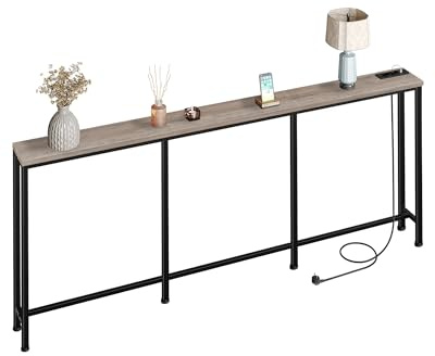 CHOEZON Consola de 200x18x82 cm, Mesa de Entrada con Base de Carga, Mesa de Sofá Larga y Estrecha con 2 Tomas Estándar y 2 Puertos USB, para Recibidor, Salón, Gris y Negro DTXG20CBG