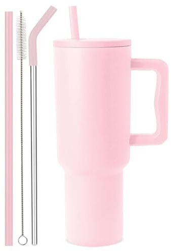 Swadeshi Desire™ Double Insulated Travel Mug with Handle, Leak-Proof Lid & 2 Straws Stainless Steel Tumbler – Hot & Cold | (1200 ml)(Light Pink)