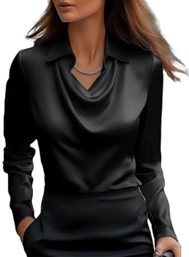 Blusas Informales de satén Elegantes para Mujer, Blusas holgadas de Manga Larga para Oficina, Blusas de satén con Cuello Vuelto y Manga Larga para Trabajo y Oficina. (Black,XXL)