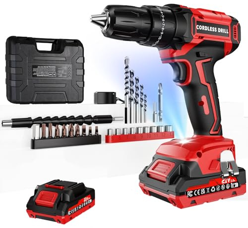 Olubfdh Akkuschrauber, 21V Akku Bohrschrauber mit Akku 2000mAh 45Nm Drehmoment Max 25+3 Drehmomentstufen (2-Gang & LED) mit Ladegerät und Batterieladeanzeige, für Haus und Garten DIY Projekt (2 Akku)