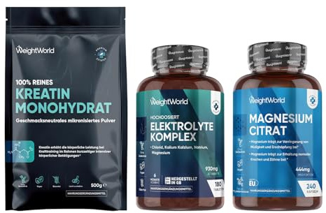 Magnesiumcitrat Kapseln, Creatin Monohydrat Pulver & Elektrolyte Tabletten in täglichen Packungen - Vegane Ergänzungsmittel - Frei von Gluten & Laktose - Trainings-Set - WeightWorld