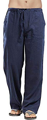 VANVENE - Pantaloni da uomo in lino, vestibilità ampia, casual, leggeri, con coulisse, da spiaggia e da yoga, T Blue, XL