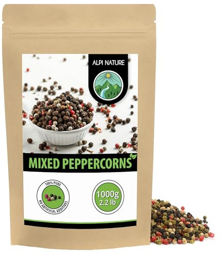 Alpi Nature Poivre Baies en Grain Mélange 1kg, Grains de Poivre Entiers Noir, Blanc, Rose et Vert