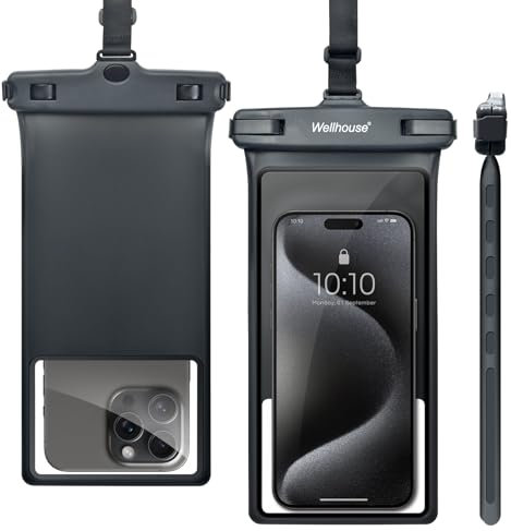 wellhouse Wasserdichte Handytasche/Handyhülle für iPhone 15, 14, 13, 12 Pro Max, XS, Samsung, IPX8, 3D, Strand-Essentials (Schwarz, 1er-Pack, 0 Zoll (20,3 cm)