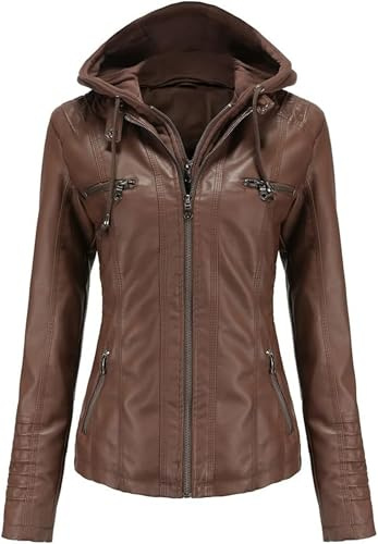 ATZTD Veste décontractée à col montant et capuche amovible en cuir synthétique pour femme