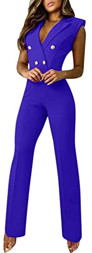 Byxdress för damer, business, hög kvalitet – onepiece, damjumpsuit, elegant, ärmlös, hög midja, v-ringad, cocktailparty, festliga overaller, sommar, lekdräkt, långa breda ben, sparkdräkt, jumpsuits, blå, M