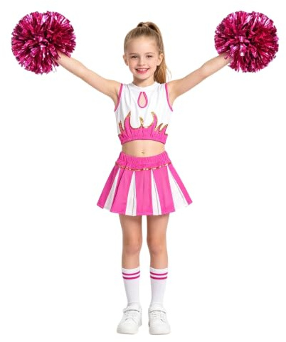 LOLANTA Kids Cheerleader Outfit with Pom Poms for Halloween Parties | Girl Red Pink Blue Purple Black Cheerleader Costume, Cheerleading Uniform with Socks for Party Dress Up, 5-14 Years