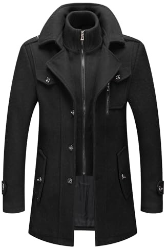 INVACHI Men's Wool Blend Coat Double Collar Trench Coat Single Breasted Overcoat for Autumn Winter