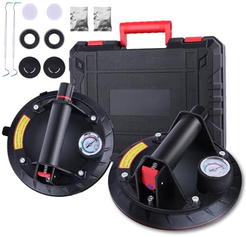 Ventouse Carrelage 2 Pièces 8, Ventouse Vitre avec Manomètre, Capacité de Charge de 360kg, Poignée en ABS Ventouse de Levage en Verre Pour soulever des vitres, plaques, carrelages et meubles