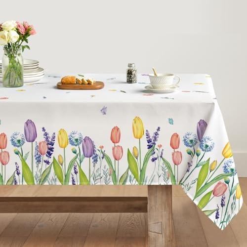 Artoid Mode Tovaglia primaverile con tulipano, lavanda, fiori e farfalle, 140 x 110 cm, stagionale, estiva, antimacchia, per la cucina, decorazione per feste