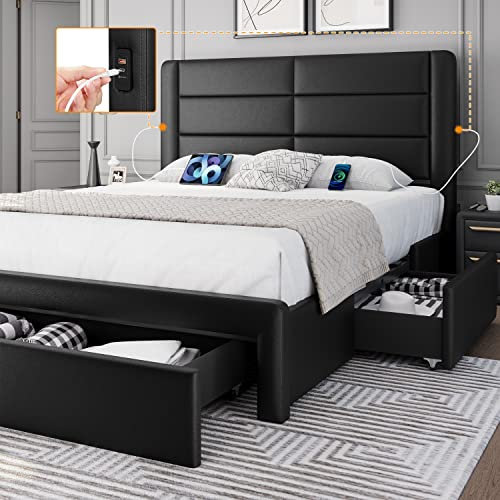 Yaheetech Double Size Bed Frame with 2 USB Charging Stations/Port for Type A&Type C/3 Storage Drawers, Leather Upholstered Platform Bed with Headboard/Solid Wood Slat Support/Black