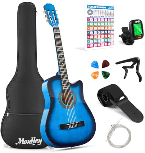 Moukey Guitare acoustique Acustica à pan coupé pour débutants, enfants, jeunes adultes avec affiche d'accord, sac de transport, accordeur, médiators, cordes en nylon, capodastre, sangle – Bleu