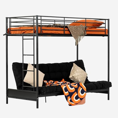 Meuble Cosy Lit Mezzanine 90x190cm avec Banquette Convertible et Futon Portable, Sommier à Lattes en métal, Style Industriel, pour Enfant Chambre à Coucher Maison, Noir