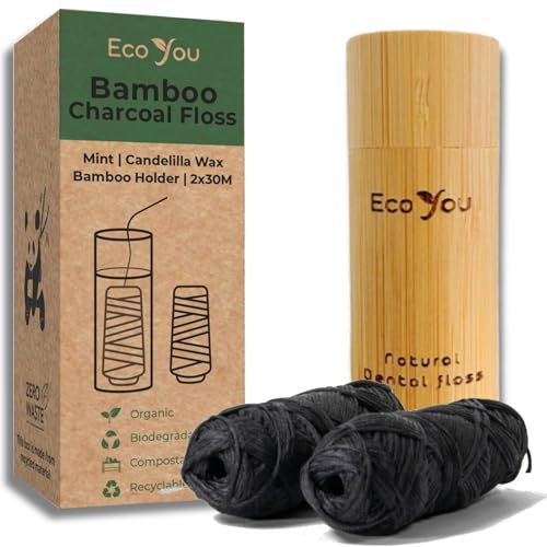 EcoYou Filo interdentale di bambù, cera alla menta e candelilla, 2 ricariche e supporto in bambù, vegano e biodegradabile, filo interdentale ecologico