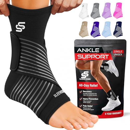 Sleeve Stars Ankle Brace for Women & Men, Ankle Wrap for Sprained Ankle, Compression Sleeve for Plantar Fasciitis Relief, Easy Customizable Support: w/Removable Strap (Single/L:12-13/Black)