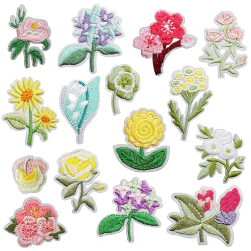 Flower Iron on Patches for Clothing 15 Pcs Applique Flowers Fabric Patches Stickers Iron-on Floral Embroidery DIY Patch Sew on for Clothes Crafts