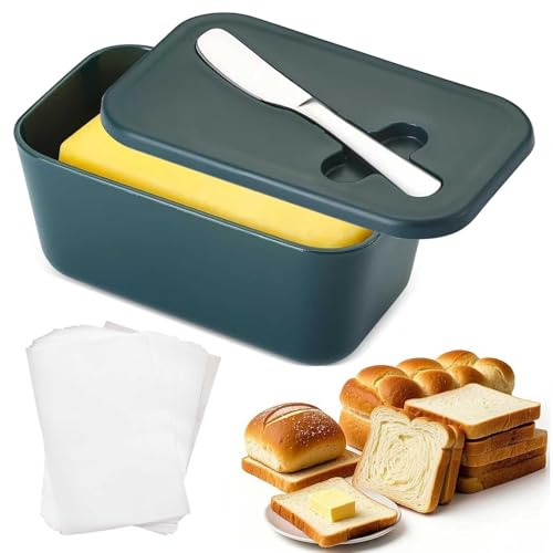 Butter Dish with Lid, Butter Container, Butter Dish with Lid and Knife with 100Pcs Butter Paper Perfect for Butter Nuts Cheese Sugar Salt Spices Seasoning (Blackish Green)